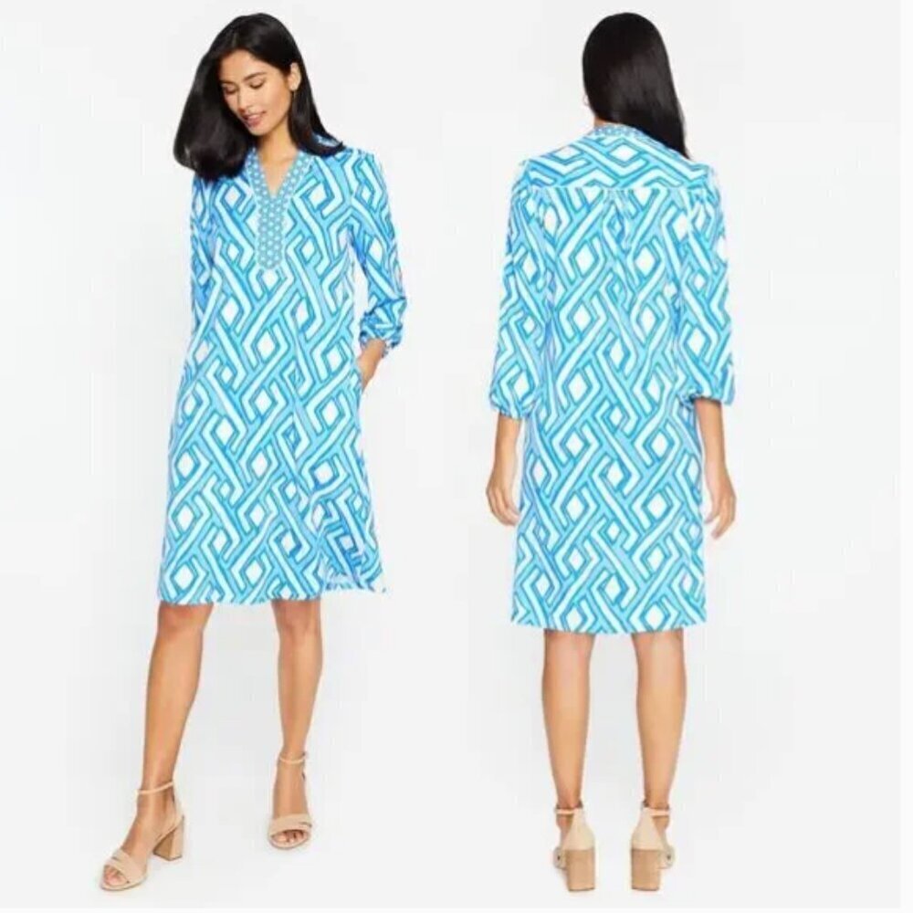 J McLaughlin Emer Long Sleeve Vilhada Souk Geometric Print Dress Bishop Sleeve